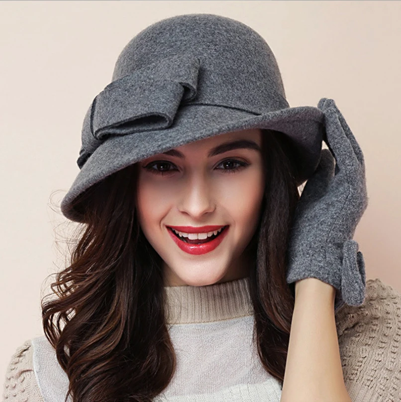 2017 New Winter warmth Fashion Bow Fedora Lady Hat Dome Elegant Ladies Real wool Topper For Women Bowknot Winters Hats For Women