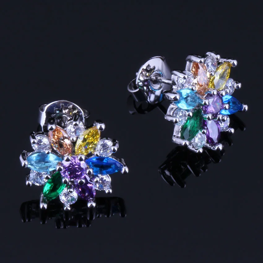 Cute Flower Multigem Multicolor Yellow Cubic Zirconia Silver Plated Stud Earrings V0388