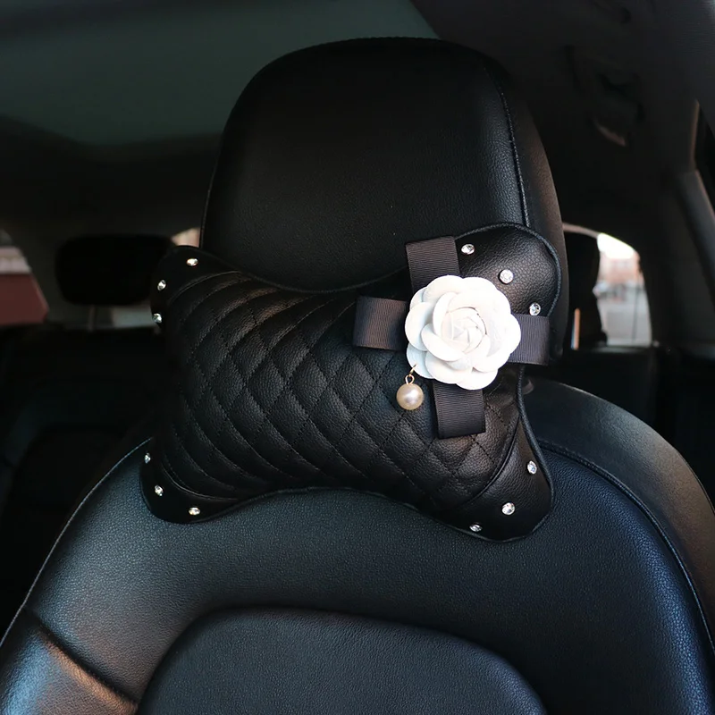 Camellia Flower Car Interior Accessories Crystal Leather Steering Wheel Cover Seat Belt Shifter Cover Auto Headrest Mirror Case