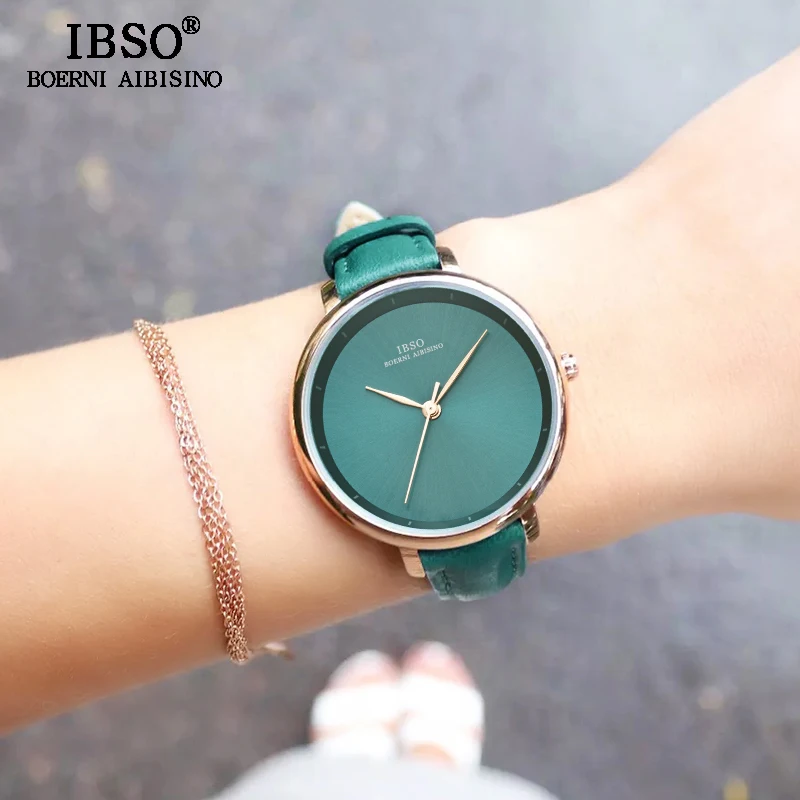 IBSO New Brand Fashion Simple Women Watches 2021 Green Genuine Leather Strap Ladies Quartz Watch Female Waterproof Montre Femme