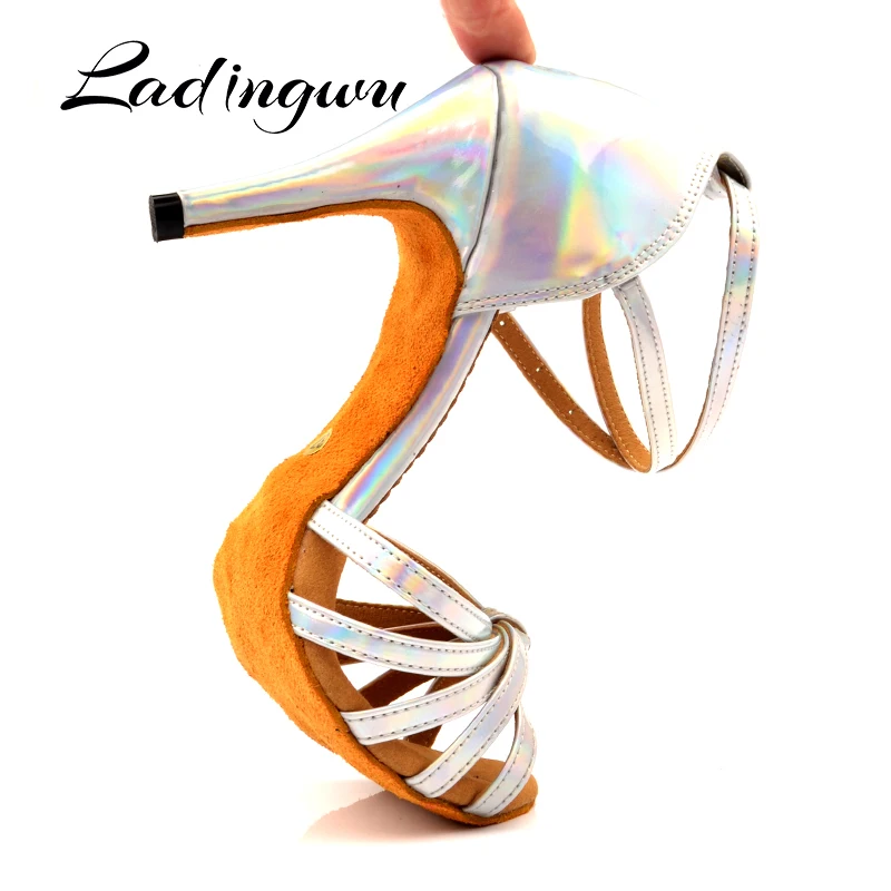 Ladingwu Latin Dance Shoes Salsa Dance shoes Silver discoloration PU Ballroom Dance Shoes Women Heel 6-10cm