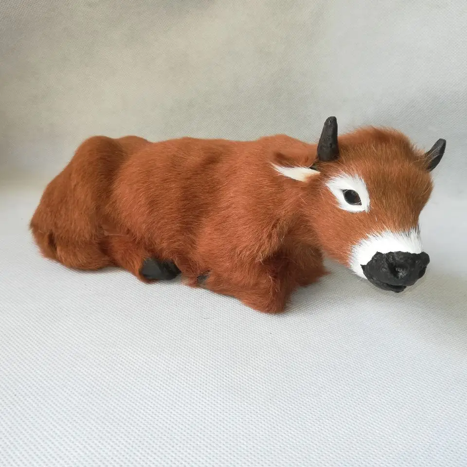 

real life toy brown cattle plastic&real furs lying cattle model about 24x10cm home decoration gift w0228