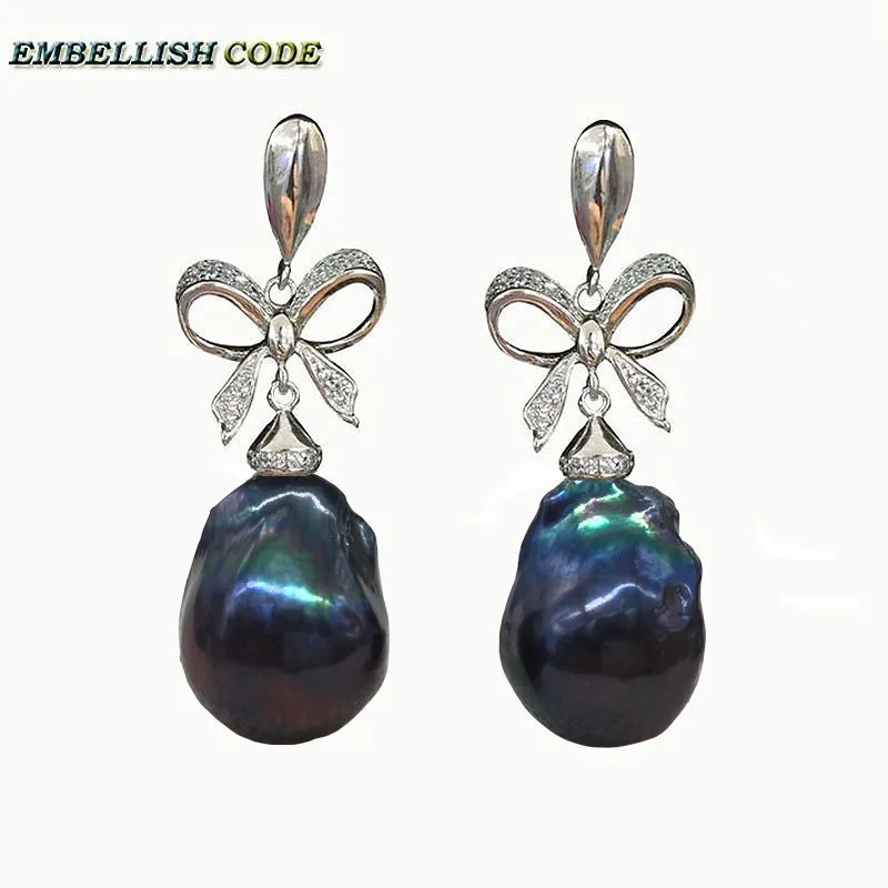 baroque pearls elegant Bowknot style noble dangle earrings  black blue color flameball freshwater pearl 925 silver for women