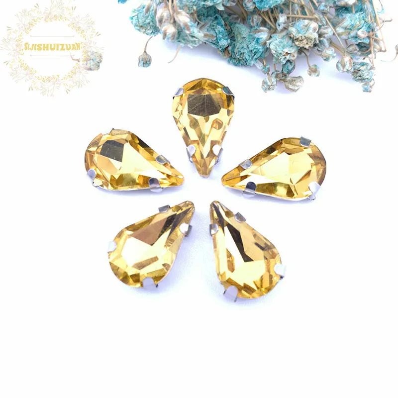 Classic Style Golden Yellow Water Drop Shape Glass Crystal Sew On Rhinestones Diy Wedding Decoration 8x13mm 5x8mm 6x10mm