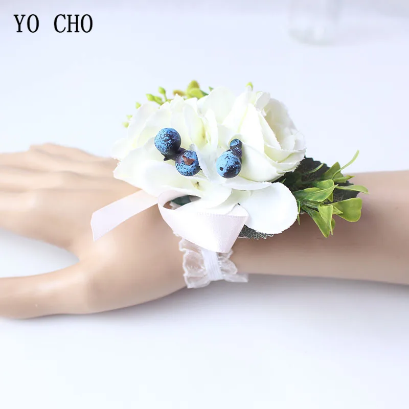 Yo Cho Corpetti da Sposa di Seta Artificiale Della Rosa Polso Fiori Del Braccialetto Bianco Blu Sposo Boutonniere di Cerimonia Nuziale Del Partito di Promenade Incontro Decor