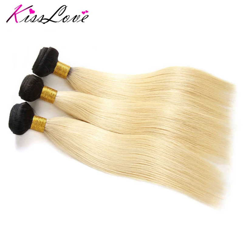 Kiss Love Ombre Bundles with Closure Indian Hair 1B 613 Color Human Hair 3 Bundles With Lace Closure Straight Hair Extension