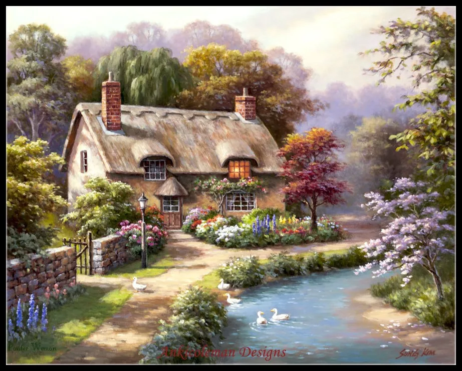 

Duck Path Cottage - Counted Cross Stitch Kits - DIY Handmade Needlework for Embroidery 14 ct Cross Stitch Sets DMC Color