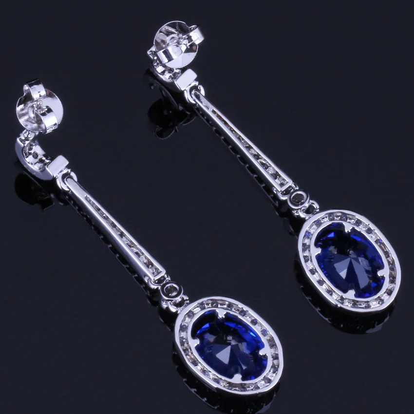 Luxurious Blue Cubic Zirconia White CZ Silver Plated Drop Dangle Earrings V0692
