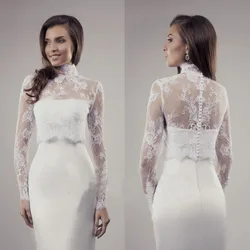 Bolero de boda de manga larga y cuello alto, hechos a medida Apliques de encaje, envolturas de boda transparentes, chaqueta nupcial con botones en la espalda, novedad