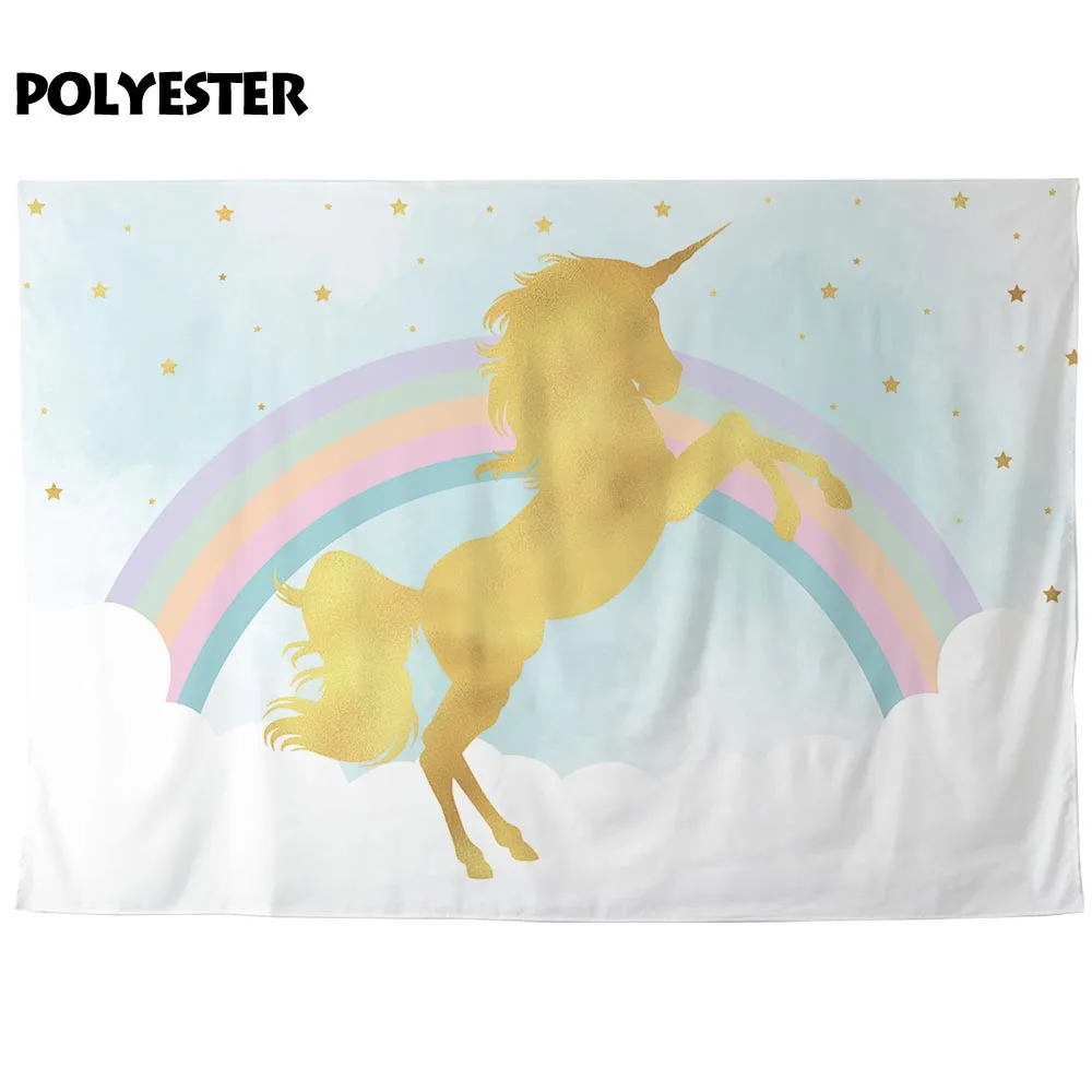 Funnytree photography backdrops rainbow color golden unicorn Silhouette clouds blue sky baby birthday background wallpaper