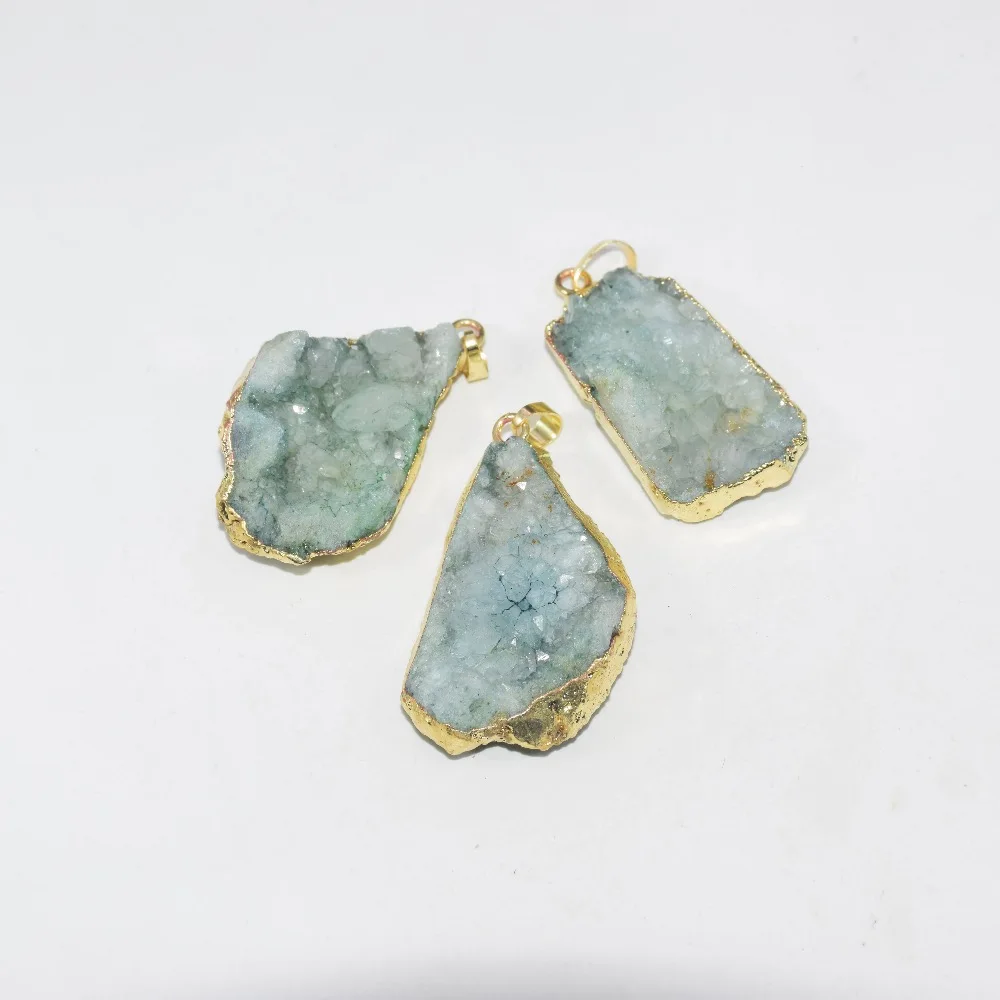 Gold plated natural stone druzy pendant necklace for women jewelry organizer blue raw quartz druzy connector for diy accessories