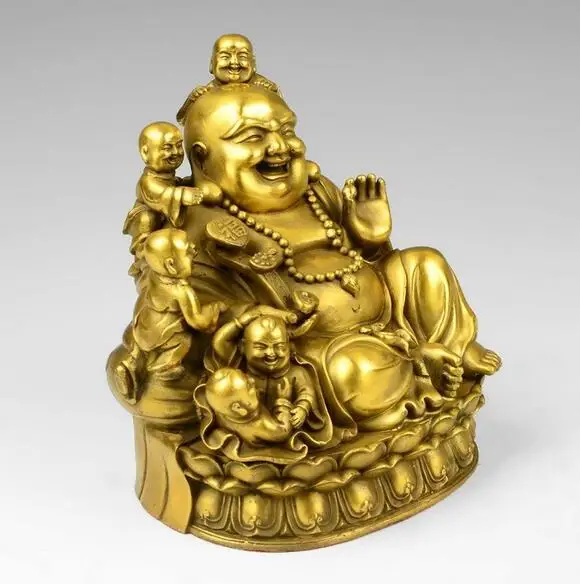 Chinese brass Maitreya Buddha and five children play happily