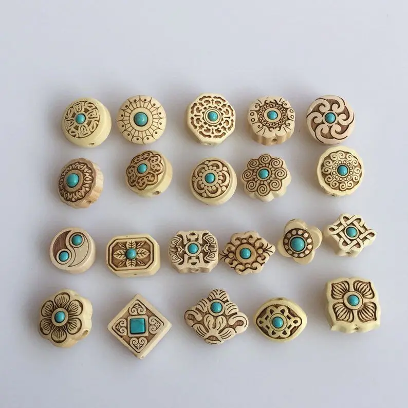 2pcs 14X8mm Natural Boxwood Beads Floral Inlaid Turquoise Carved Crimp End Bead Earrings Jewelry Finding Beading Supplies