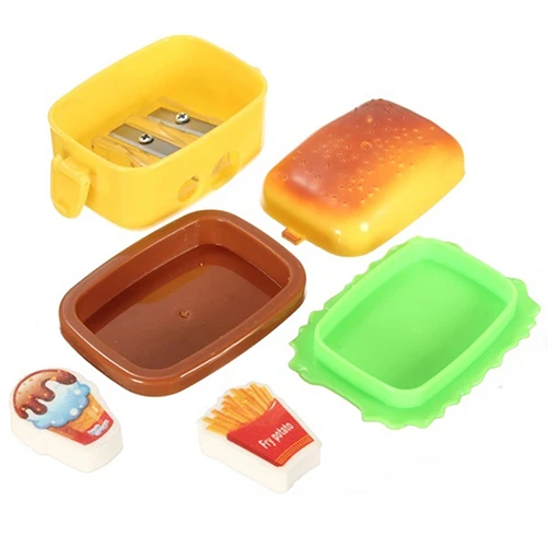 1Pc Cute Hamburger Pencil Sharpener with Two Rubbers Erasers Student Stationery