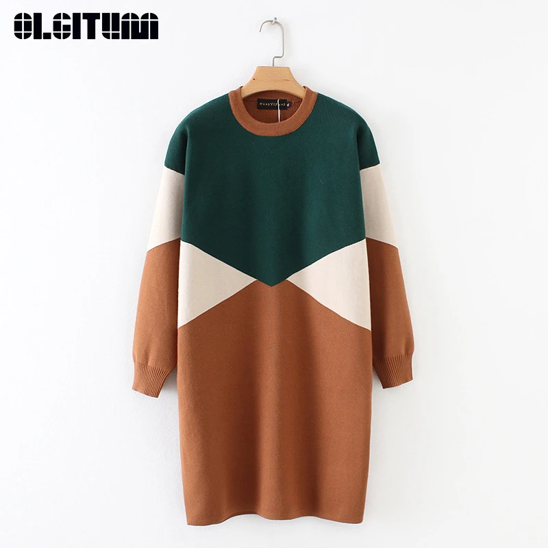 Fashion New Women Autumn/Winter XL-4XL Loose Knitted Oversize Sweater Dress 2020 O-neck Contrast Color Patchwork Casual Pullover