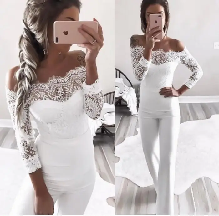 Elegant Off shoulder Lace Rompers Womens Summer Jumpsuit Sexy Ladies Casual Long Trousers Overalls White Jumpsuit