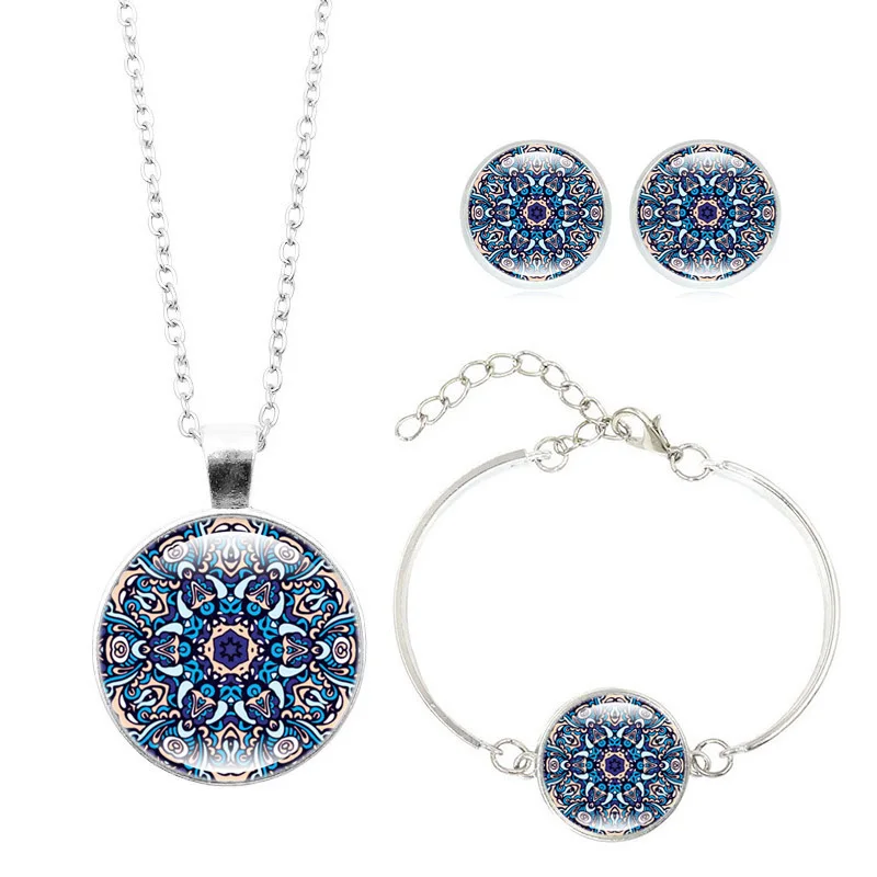 Mandala Flower Jewelry Sets Pendant Necklace Bracelet Earrings Sets Glass Cabochon Religious Buddhism Jewelry
