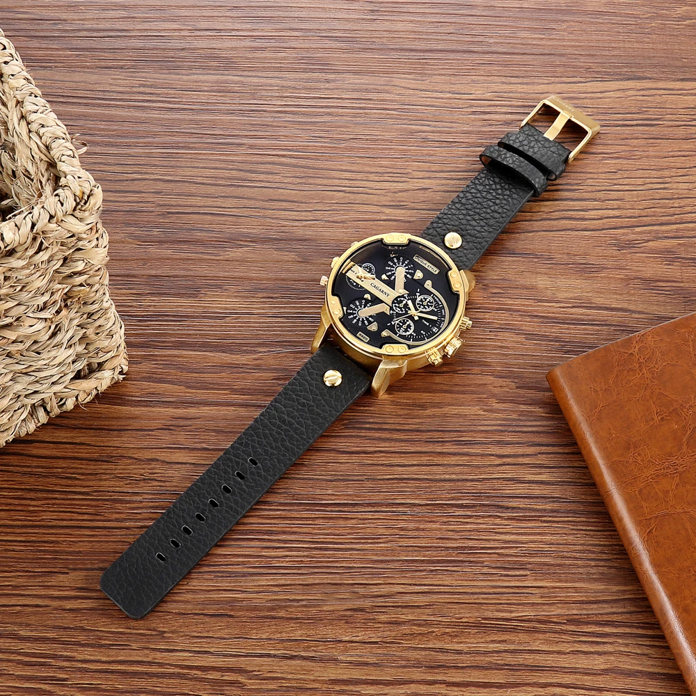 Luxury Cagarny Quartz Watch Men Black Leather Strap Golden Case Dual Times Military dz Relogio Masculino Casual Mens Watches Man