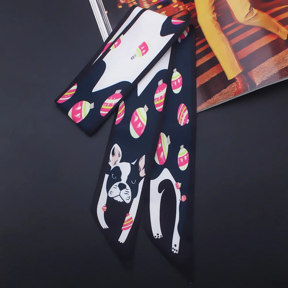 Cartoon Panda Cat Print Twill Silk Small Women Fashion Scarf Hair Bags Handle Decoration Tie Multifunction Hand Ribbon Scarf