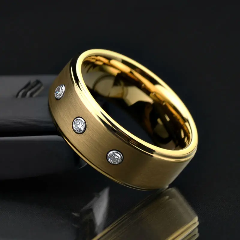 

New Arrival 8mm Width Gold Tungsten Wedding Rings for Man with Three PCS CZ Stones Man's Fashion Jewelry Size 7-11