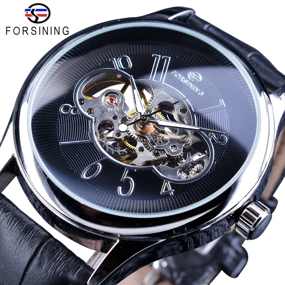 Forsining Black Watch Men's Mechanical Watches Silver transparent Case Creative Skeleton Clock Top Brand Luxury Luminous Design