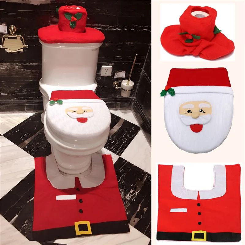 3pcs/set Christmas Happy Santa Toilet mat Foot Pad Seat Cover Cap Decorations Toilet Seat Cover and Rug  Xmas Bathroom Set