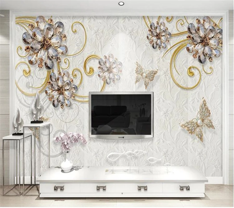 wellyu  Custom wallpaper papel de parede Gorgeous 3d crystal flower jewellery TV background wall papel parede tapety behang