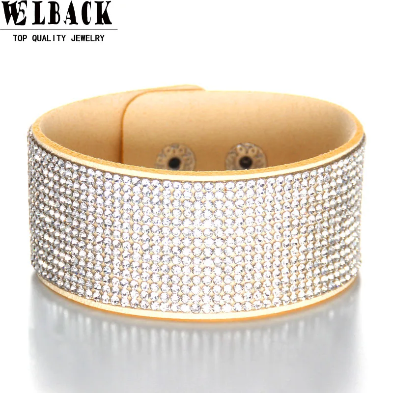 Welback New Fashion Jewelry Leather Trendy Crystal Alloy Rhinestone Wide Warp  Euramerican Casual Classic Bracelets For Women