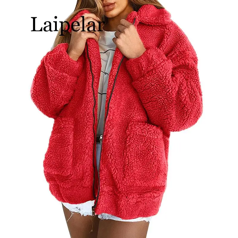 Laipelar Women Faux Fur Jacket Fluffy Teddy Bear Fleece Fake Fur Coat Zip Pocket Long Sleeve Casual Streetwear Winter Femme