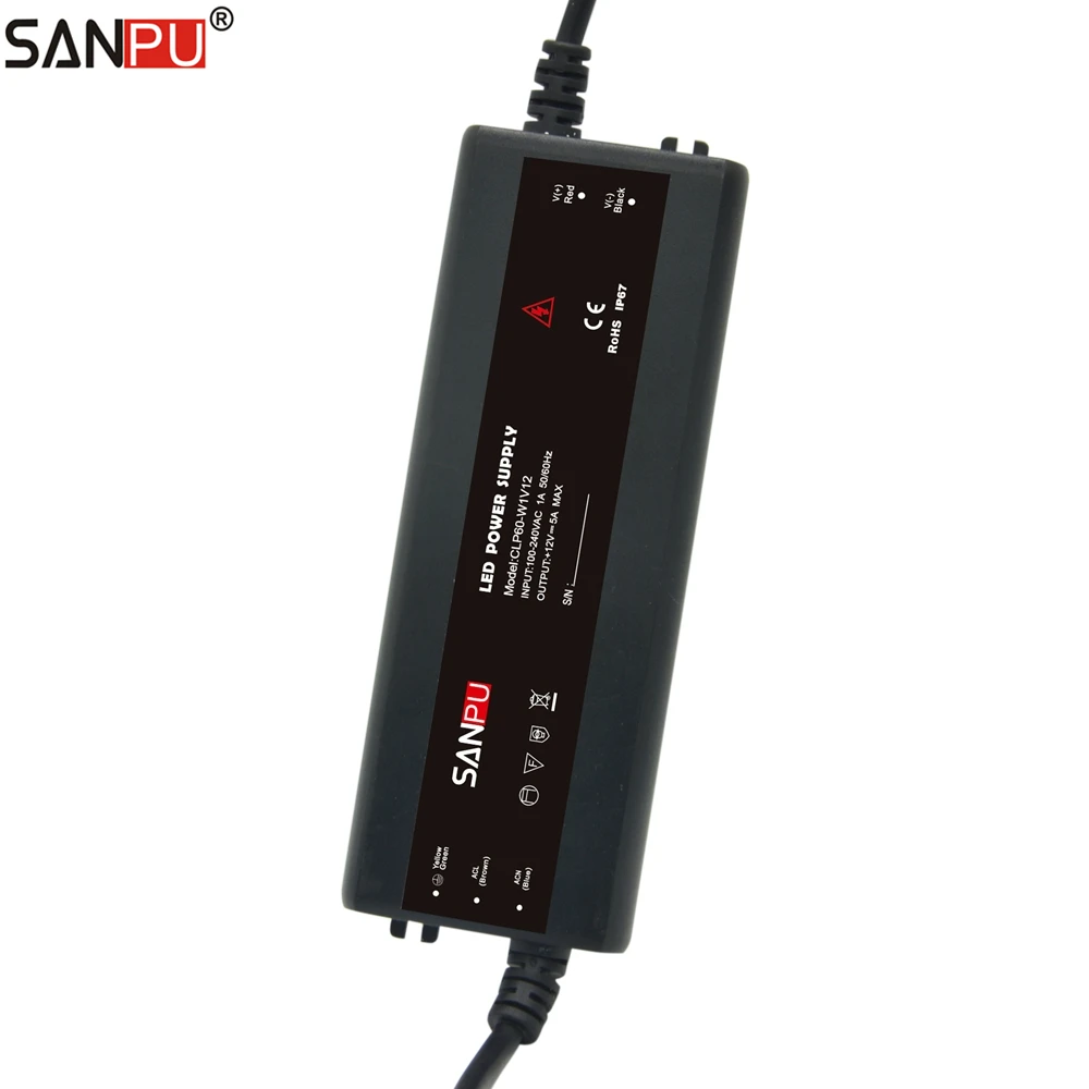 SANPU 12 Volt Slim Power Supply Unit IP67 Waterproof Plastic 60W 5 Amp Constant Voltage 12V LED Strip Driver AC-DC CLP60-W1V12