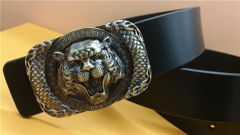 

Designer Men's Tiger Head Facial Pattern Men's Vintage Bronze Smooth Buckle Men's Belt Men's Tiger Buckle Leather Belt