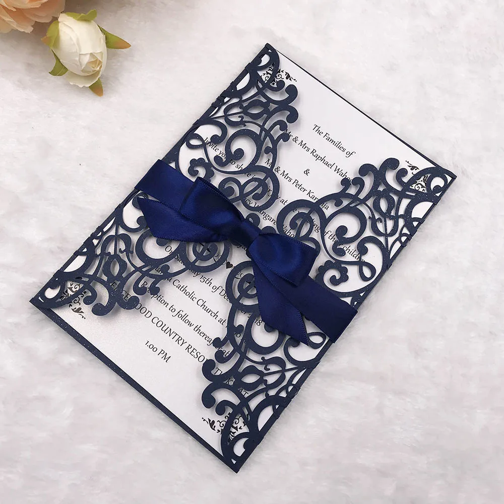 Free Shipping 1X Gold/Silver/Rose/Champagne/Pink Glitter Dark Blue/Black pearl Hollow Flower laser cut wedding invitation cards