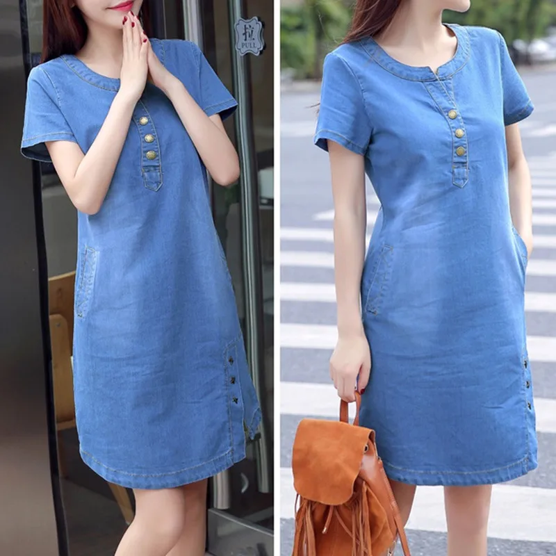 Korean Plus Size Denim Dress For Women Summer Dress 2019 Casual With Button Pocket Sexy Mini Jeans Dress Vintage Large Size 3XL