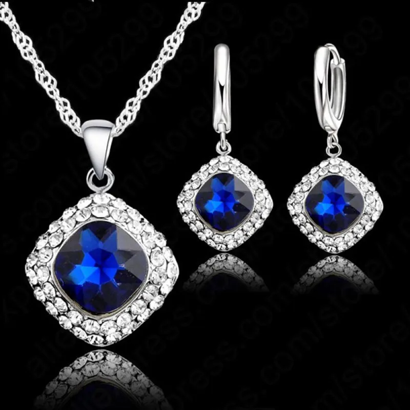 High Quality 925 Sterling Silver Needle Jewelry Set Short Chain Charm Square Pendant Necklace Earring Crystal for Women