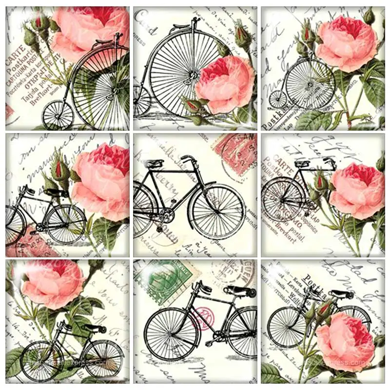 

Beauty Vintage Flowers bicycle Square glass cabochon 10pcs mixed 12mm/20mm/25mm/30mm Size flat back DIY Jewelry Findings FB0055