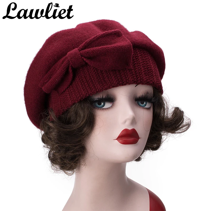 Lawliet Womens Beret Winter Cap 1920s Chic Style 100% Boiled Wool Bow Details Winter Beanie Skullies Basque French Artist Bonnet