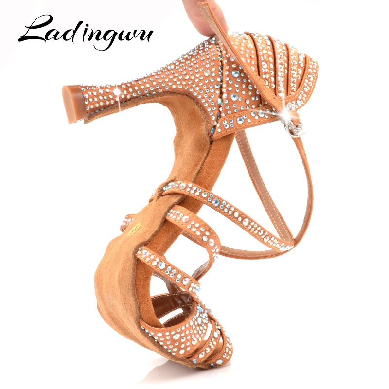 Ladingwu Dance Shoes Latin Woman Salsa Silk Satin Dancing Shoes Glitter Rhinestone Professional Dance Shoes Ballroom Soft Bottom