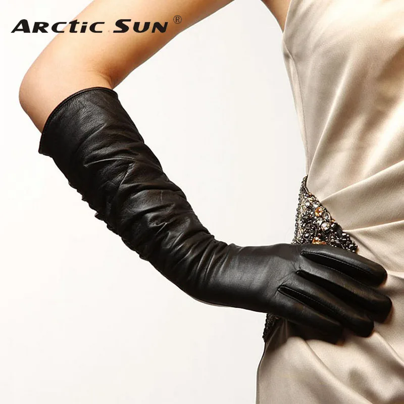 Real Leather Gloves Female 36cm Long Silky Lined Genuine Sheepskin Classic Black Touchscreen Banquet Women Gloves L012NQ1