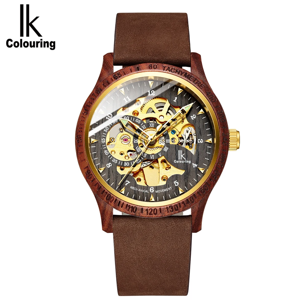 IK Colouring Men\'s Wood Watch Luxury Golden Skeleton Mechanical Wooden Case Leather Strap Automatic Male Wristwatch Dropshipping