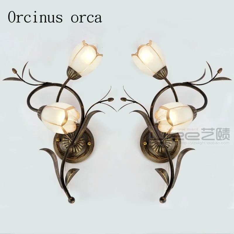 

European style garden retro flowers wall lamp dining room bedroom American style village creative iron flower bud wall lamp