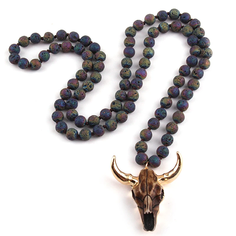 Fashion 8MM Multi / Black Lave Stone Long Knotted Horn Pendant Necklace