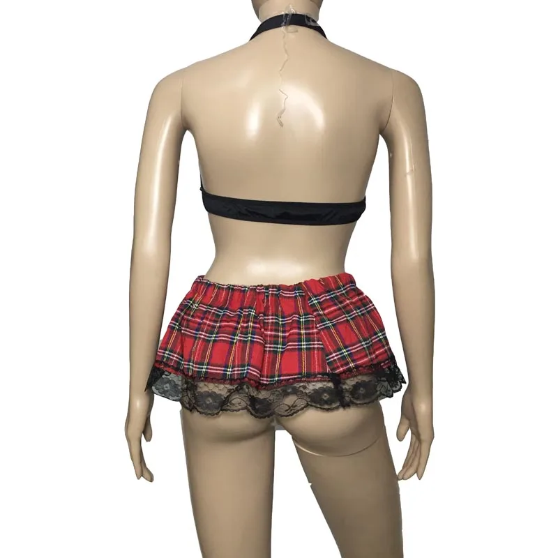 Uniforme de talla grande para niña, uniforme de estudiante de preparación, sujetador a cuadros, Top con ribete de encaje, minifalda, conjunto de disfraz de Lolita, lencería Sexy para mujer