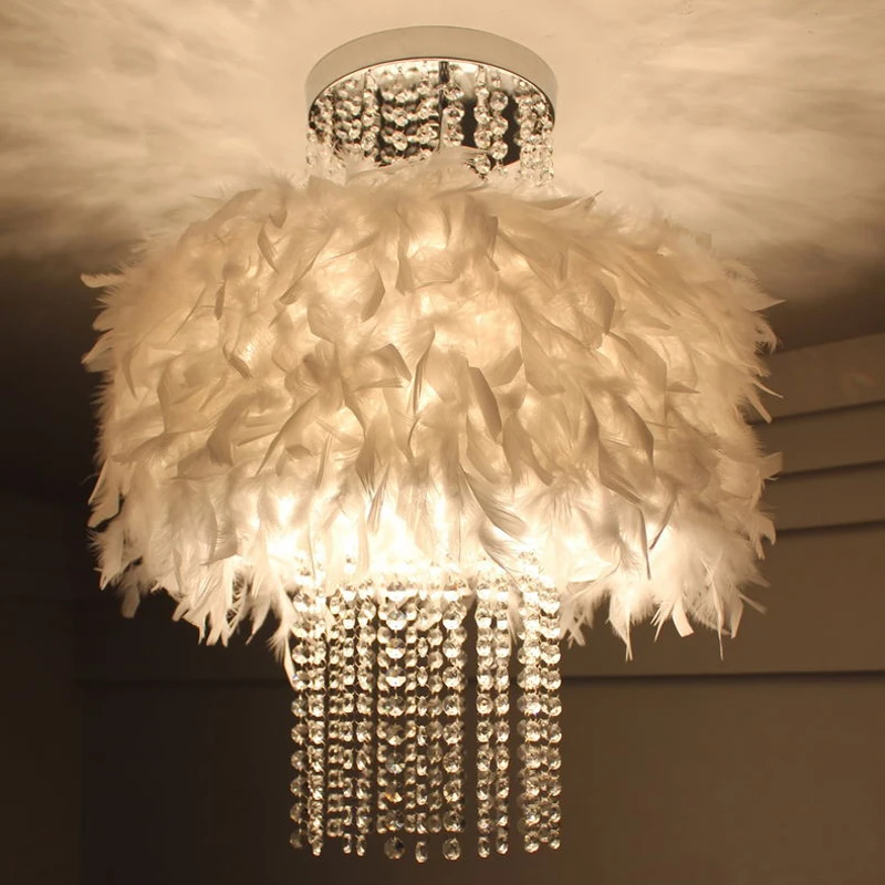 Bedroom foyer led bulb optional plume plumage white modern ceiling light crystal feather ceiling lamp