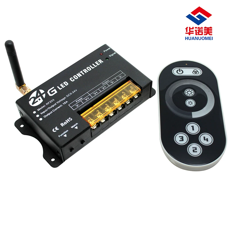 

RF203 RF 2.4G Single Color Controller;2.4G LED Dimmer with remote;DC5-24V LED controller;Ouput:16A/1channels,12V 192W,24V 384W