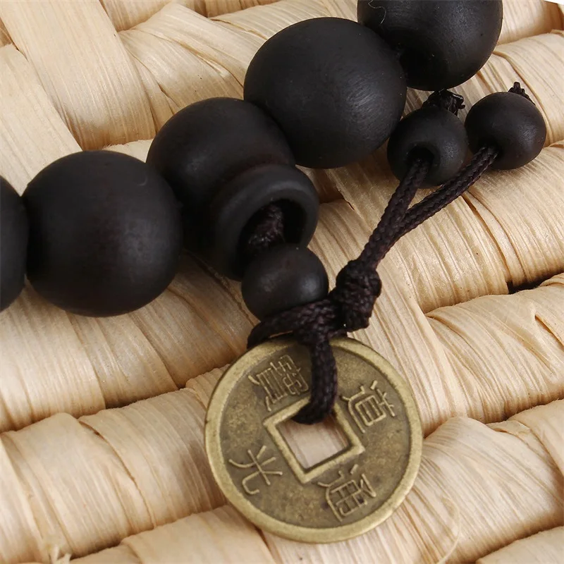 2022 Black Wood Buddha Beads Buddhist Tibet Rosary Bracelets Black Fairy Peach Tree Copper Coin Beads Bracelet Accessories