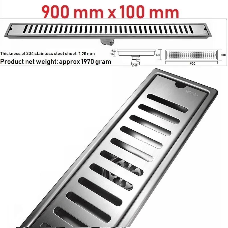 

VIBORG 900mm x 100mm Deluxe 304 Stainless Steel Extra-thick Rectangular Bathroom Shower Linear Floor Drain Drainage Stainer