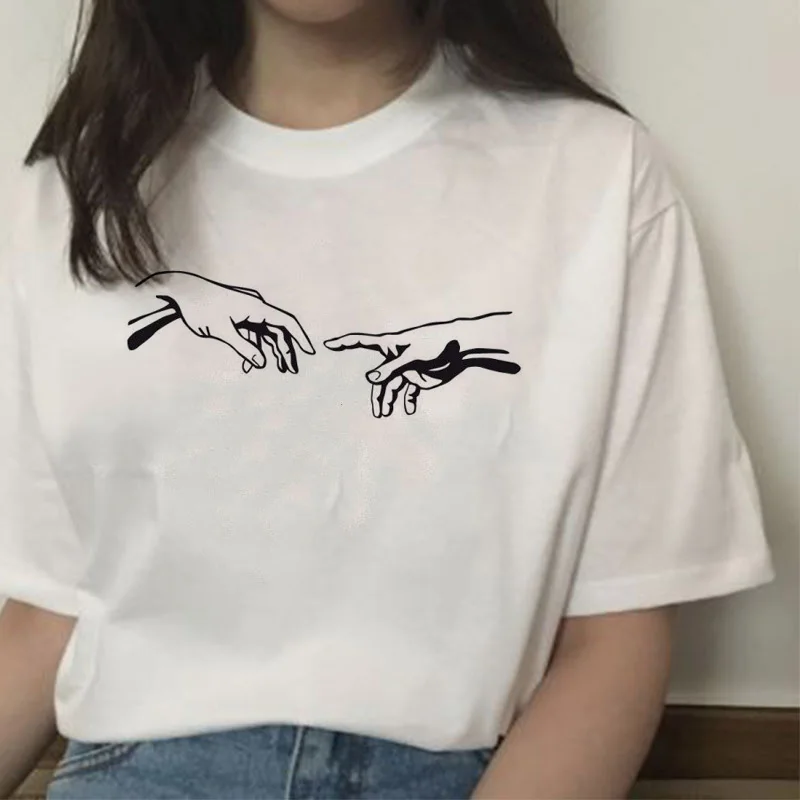 女性用ミケランジェロのダビデ像オルチャン原宿tシャツ,女性用プリントトップス,90年代のハンドプリント服