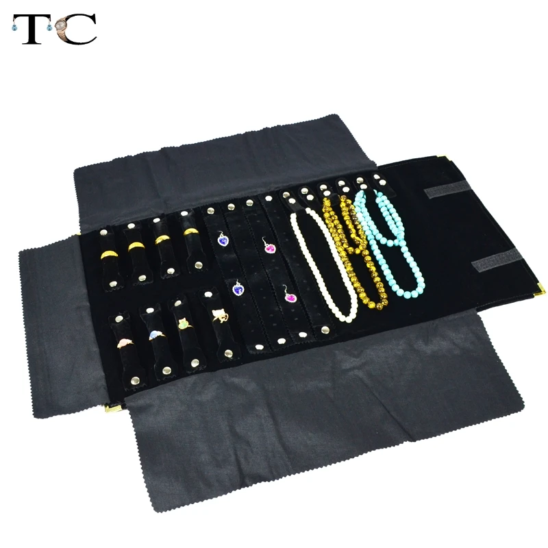 

Metal Corner Jewelry Roll Bag Portable Carring Case Velvet Organizer Multi Functional Necklace Rings Earrings Storage Box