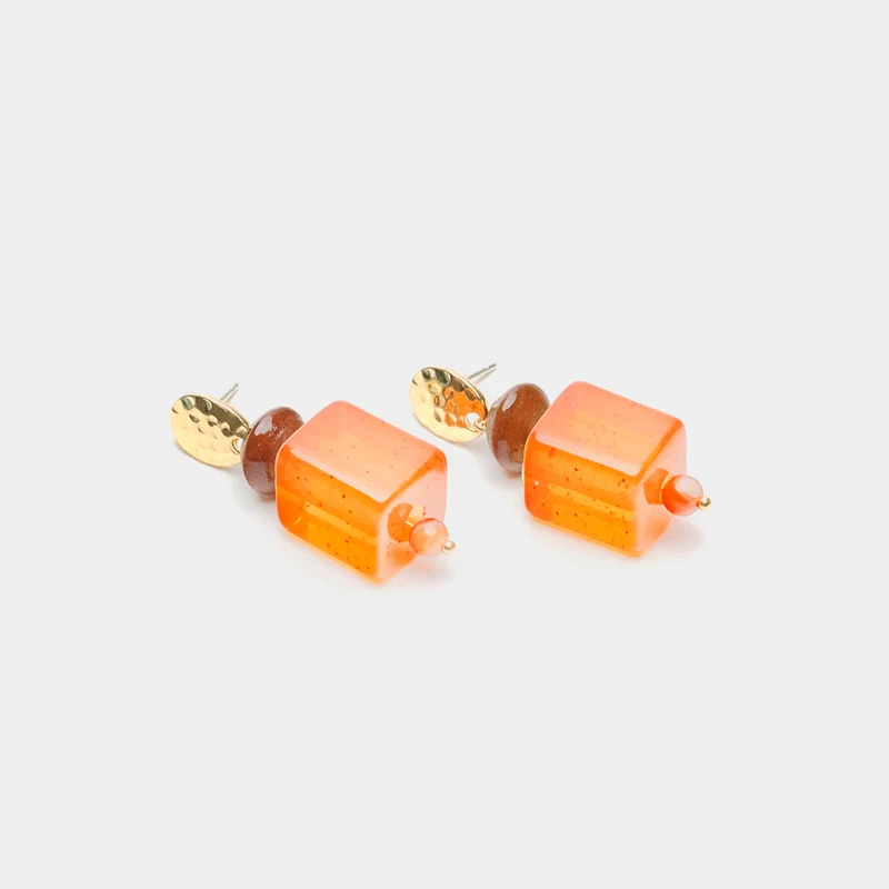 Square Orange Color Geometric Wood Earring