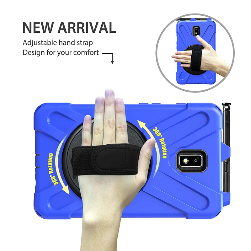 360 Degree Rotating Silicone Hybrid Case with Wrist Strap for Samsung Galaxy Tab Active 2 8.0 inch T390 T395 T397 Tablet +Pen